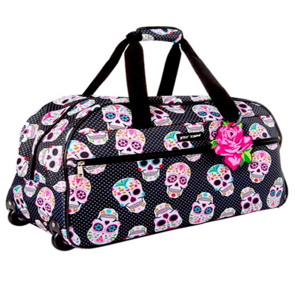Authentic Betsey Johnson Day of the Dead Skulls Rolling Duffel Bag, NWT